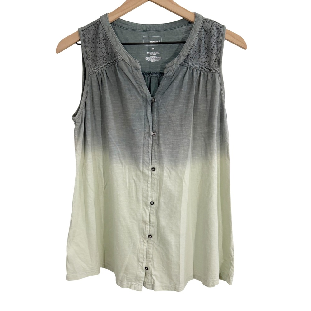 Sonoma Ombre Lace Button Tank Top Gray Ivory Medium Cottagecore Boho Coastal